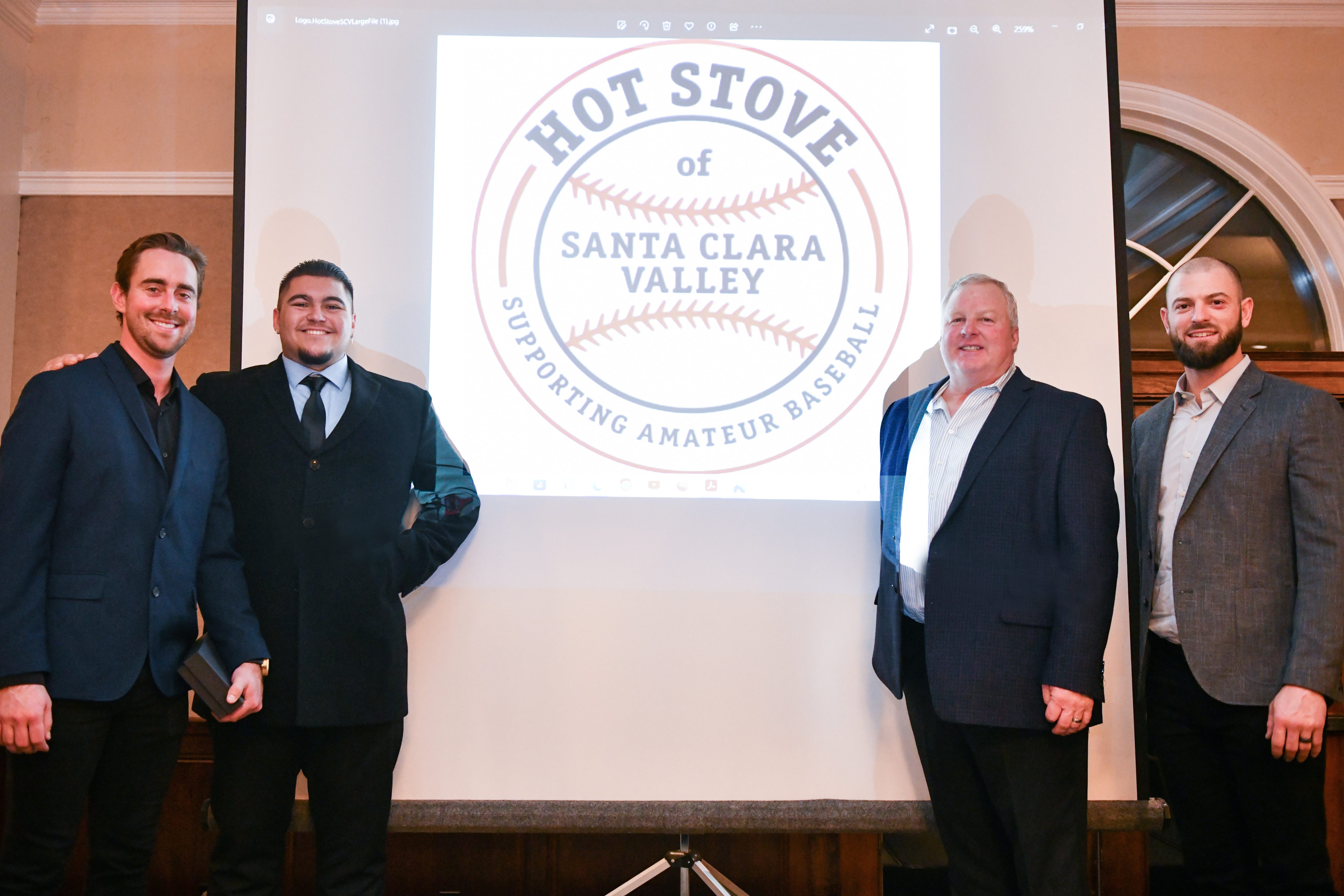 Santa Cruz residents, from left, Tyler Gilbert, Ruben Ybarra, referees Bill Miller and Mitch Haniger, were honored at the Hot Stove at the 37th Annual Santa Clara Valley Banquet at Campbell's Villa Ragusa on Tuesday.  (Brandon Valance - Santa Cruz Sentinel)