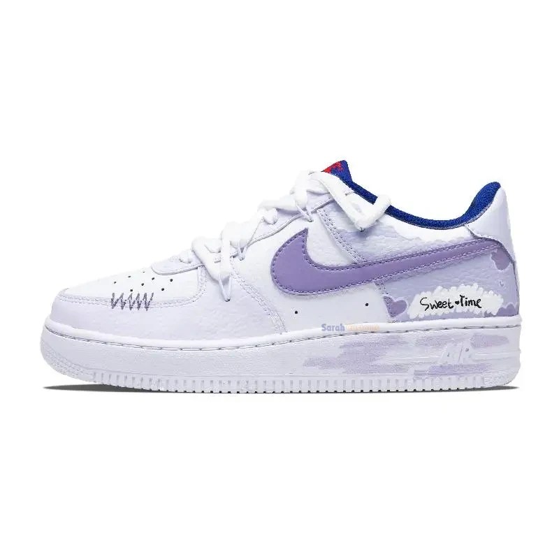 [Custom Blueberry Moment]Nike Air Force 1 Anti Slip Wear Resistant Low Top Skateboard Shoes GS White Purple 1