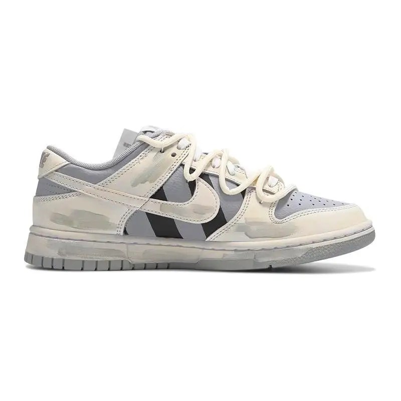 [Custom Men's high street striped QD]Nike Dunk Skateboard Shoes Men Low-Top Beige Gray 2