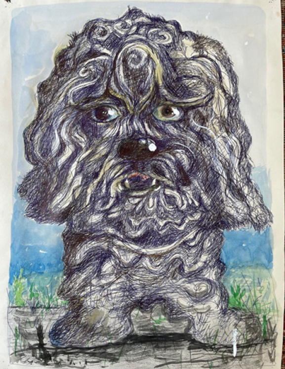 Bill Adams, Benny In the Afternoon (2), 2021, Ballpoint and watercolor on paper, 22 ½ x 16 ½ in., Courtesy of the artist