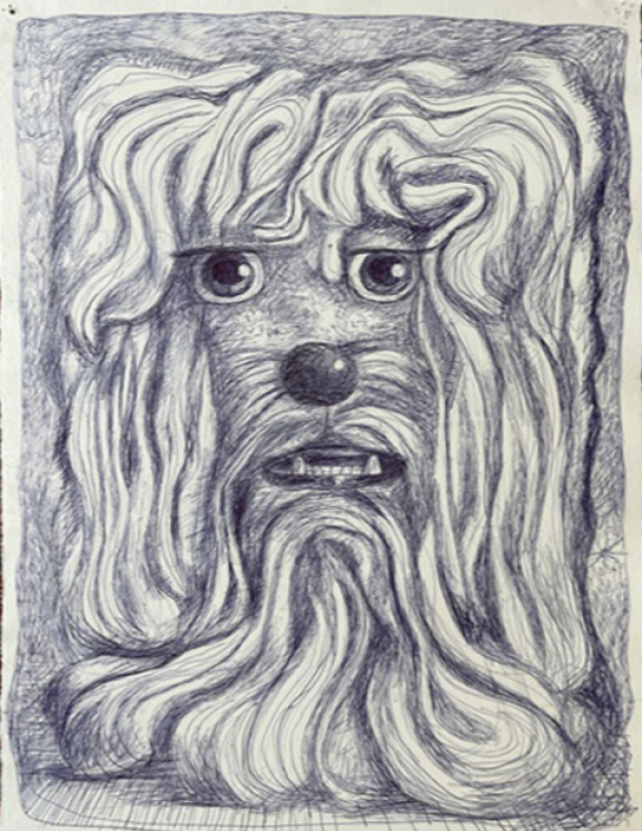 Bill Adams, Longhair, 2021, Ballpoint on paper, 20 x 14 in., Courtesy of the artist