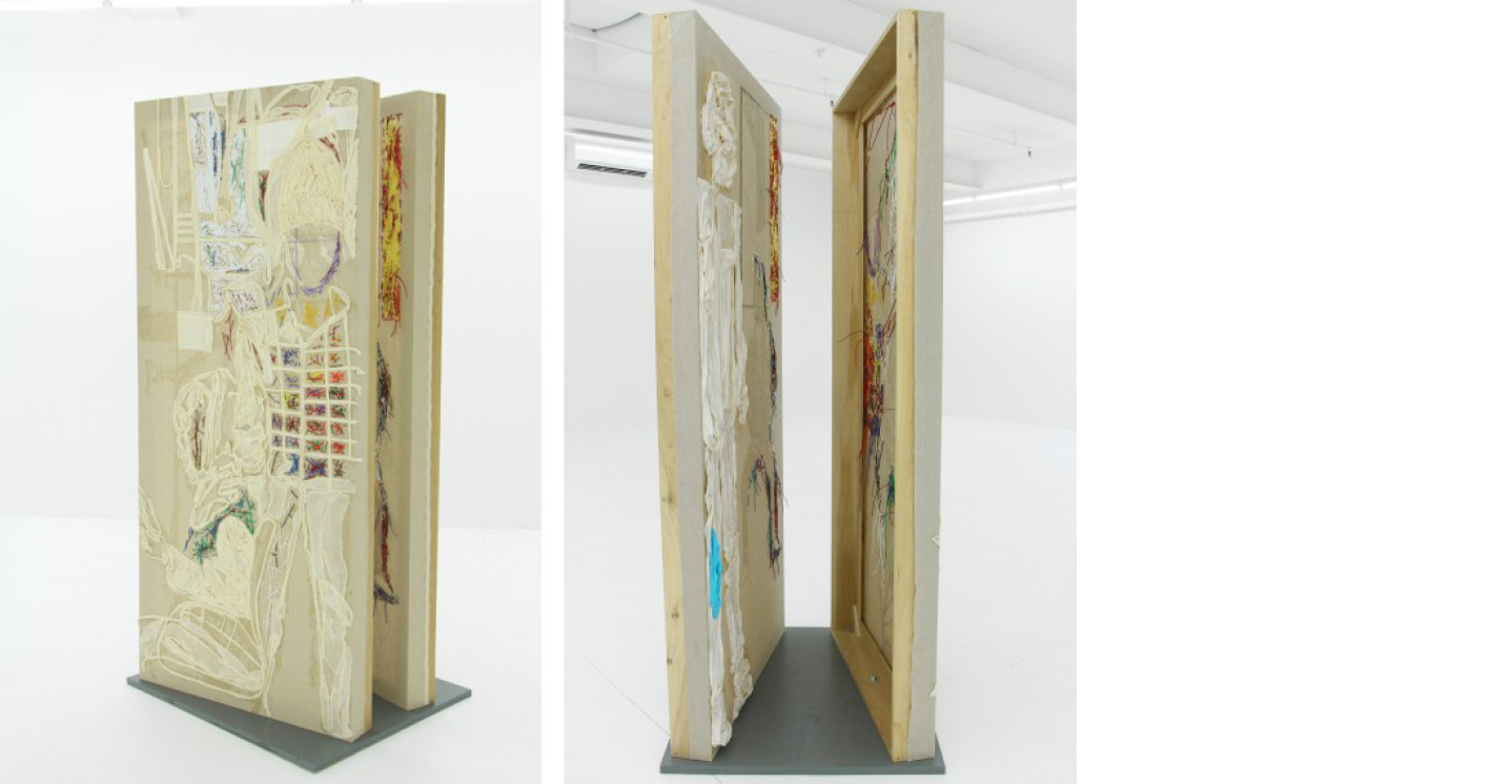 Dona Nelson, Studio Portrait Over Time, 2016, Cheesecloth, muslin, painted string and acrylic mediums on linen, Base: 38 x 32 in. (Panels: 81 x 35 ½ in. each), Private Collection, Courtesy of Thomas Erben Gallery, New York