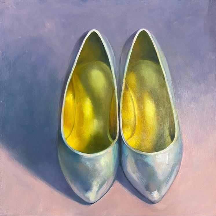 Mary Jo Vath, Silver Shoes, 2021, Oil on canvas, 12 x 12 in., Courtesy of the artist