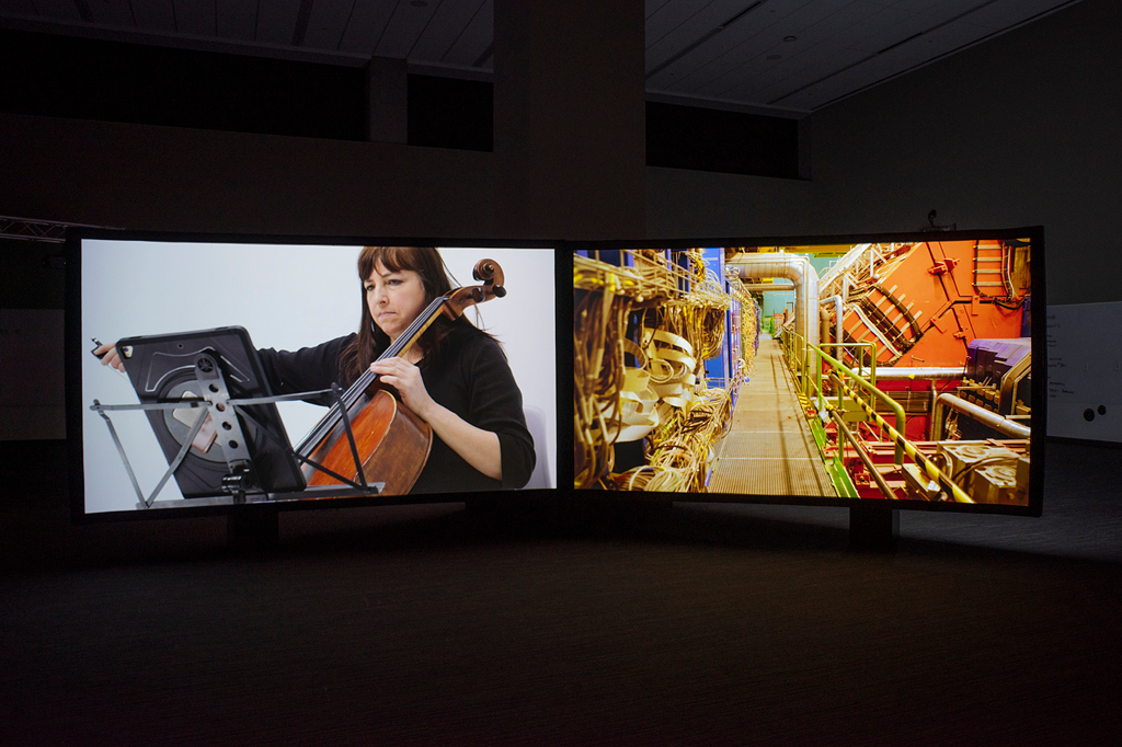 Installation view of Janet Biggs: Collective Entanglements, (Spencer Museum of Art, University of Kansas, Lawrence, April 19 – May 1, 2022). Photograph by Ryan Waggoner, Spencer Museum of Art, The University of Kansas. Courtesy of the artist and Cristin Tierney Gallery, New York.