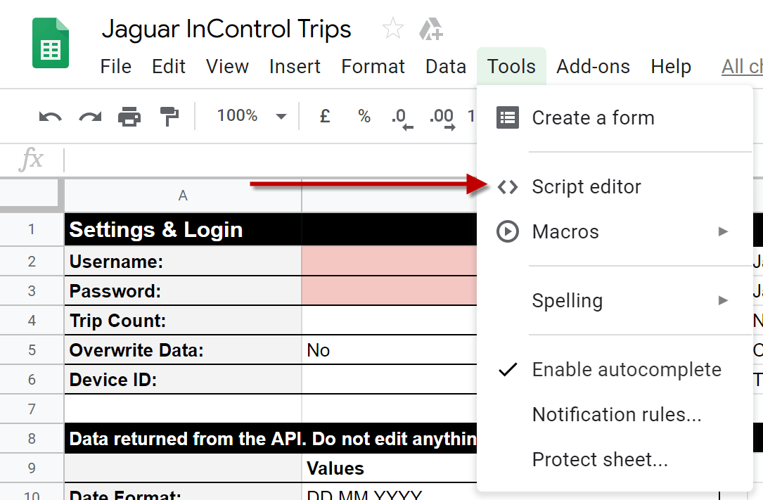 Google Sheets Select Menu Tools > Scripteditor Savio.no