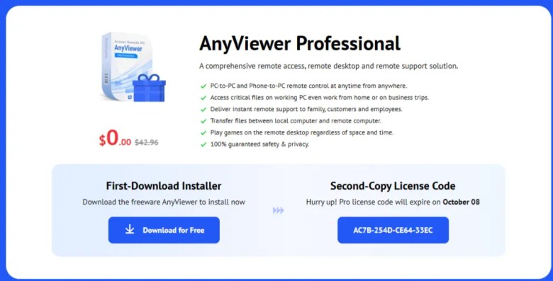 Download AnyViewer Professional giveaway with 1-year license for free — best remote desktop software for Windows and secure remote access connection.
