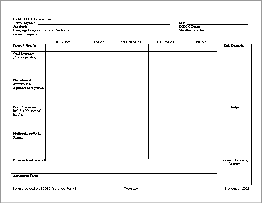 Teacher plan book template free / printable lesson plan (horizontal