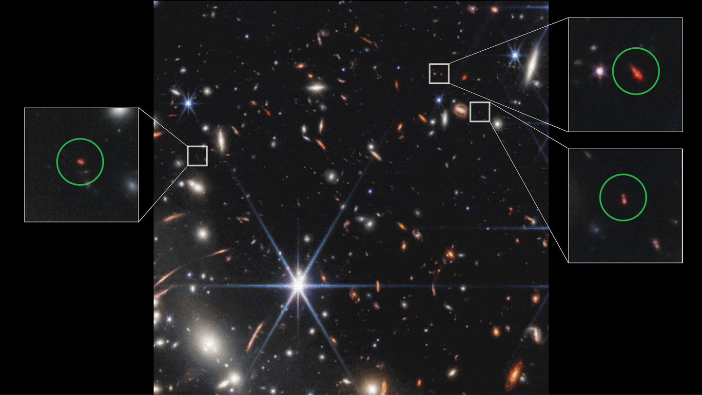 The James Webb Space Telescope’s first image captured three “Green Pea” galaxies in the early universe (circled in green). The galaxies’ light has been stretched by the expansion of the universe, making them appear red.