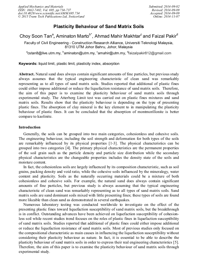 Plasticity Behaviour Of Sand Matrix Soils