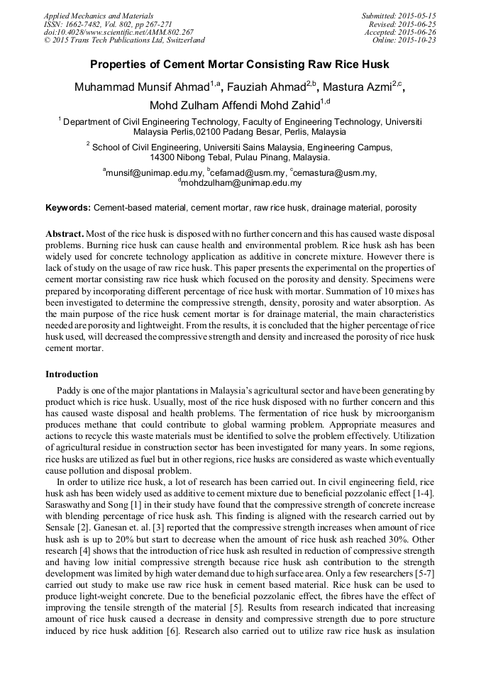 Properties Of Cement Mortar Consisting Raw Rice Husk Scientific Net