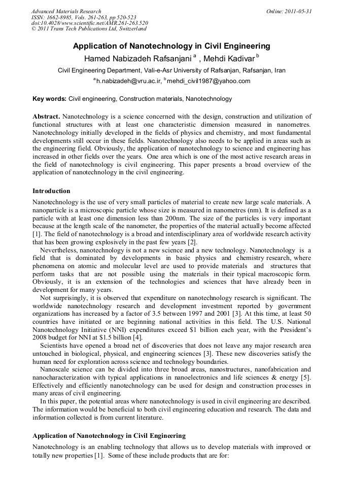 Application Of Nanotechnology In Civil Engineering