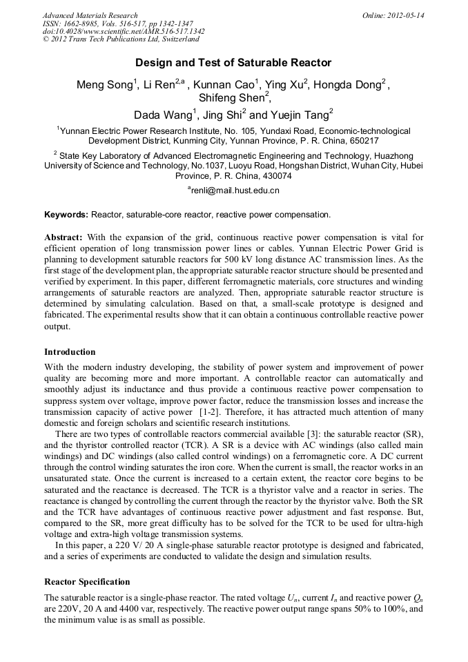 Design And Test Of Saturable Reactor