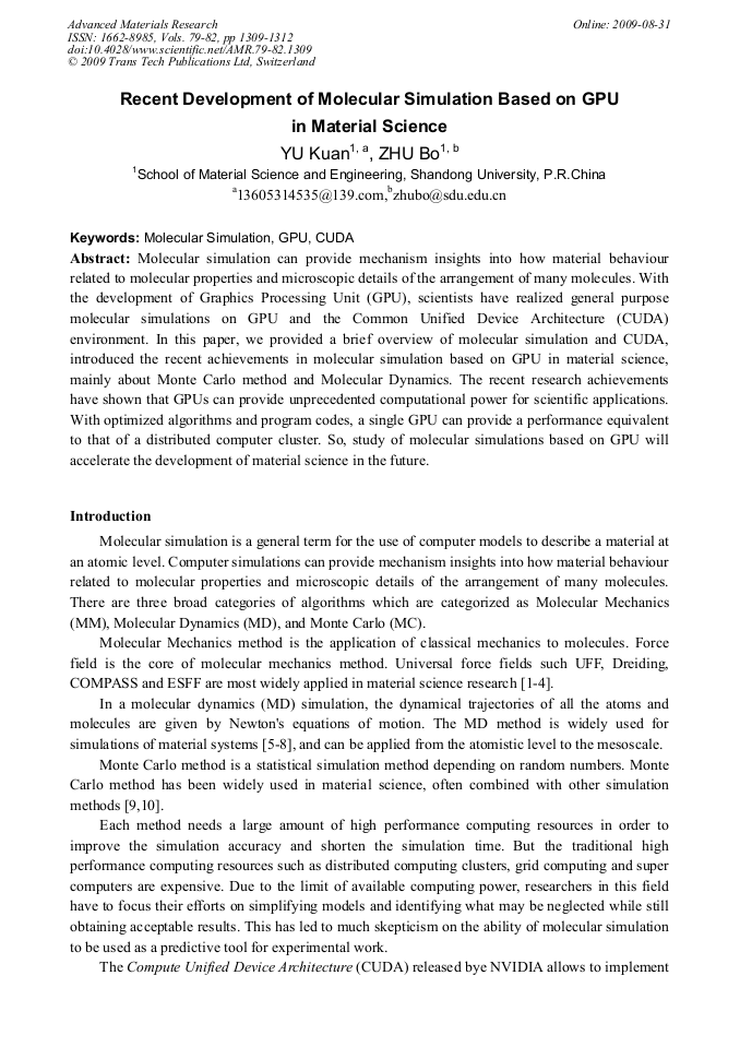 Recent Development Of Molecular Simulation Based On Gpu In