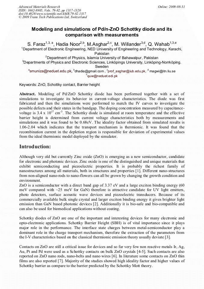 Modeling And Simulations Of Pd N Zno Schottky Diode And Its