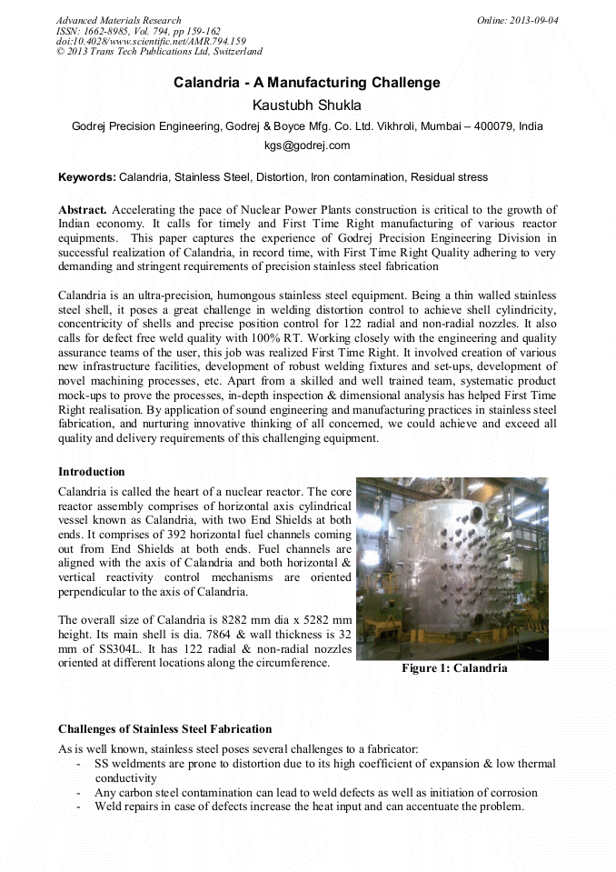 Calandria A Manufacturing Challenge