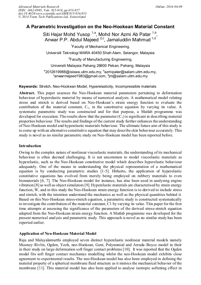 An online system has been in development collaborated by the ict team and rec uitm . A Parametric Investigation On The Neo Hookean Material Constant Scientific Net