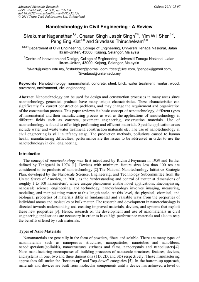 Nanotechnology In Civil Engineering A Review Scientific Net