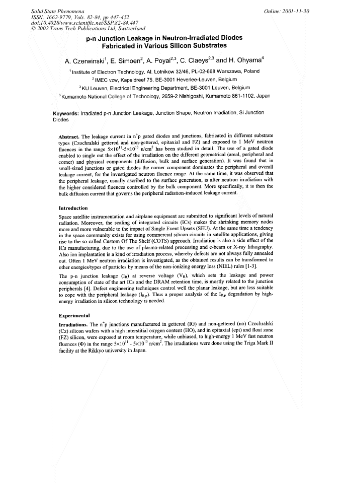P N Junction Leakage In Neutron Irradiated Diodes Fabricated P N Junction Leakage In Neutron Irradiated Diodes Fabricated