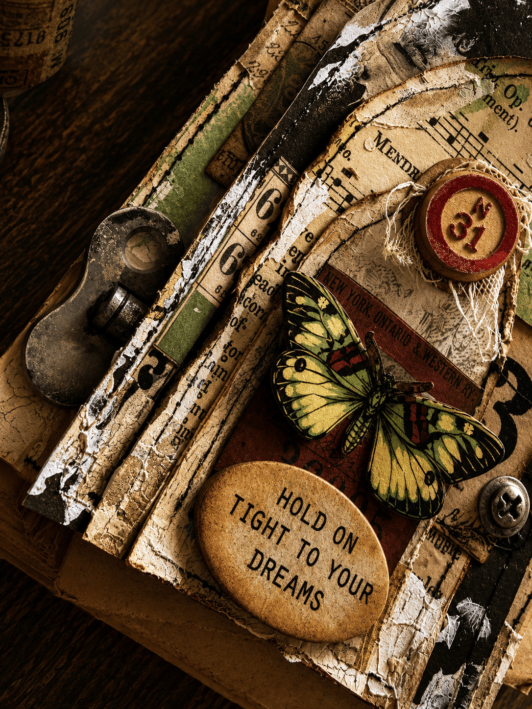 dimensional embellishments layered over vintage papers on mixed media arch