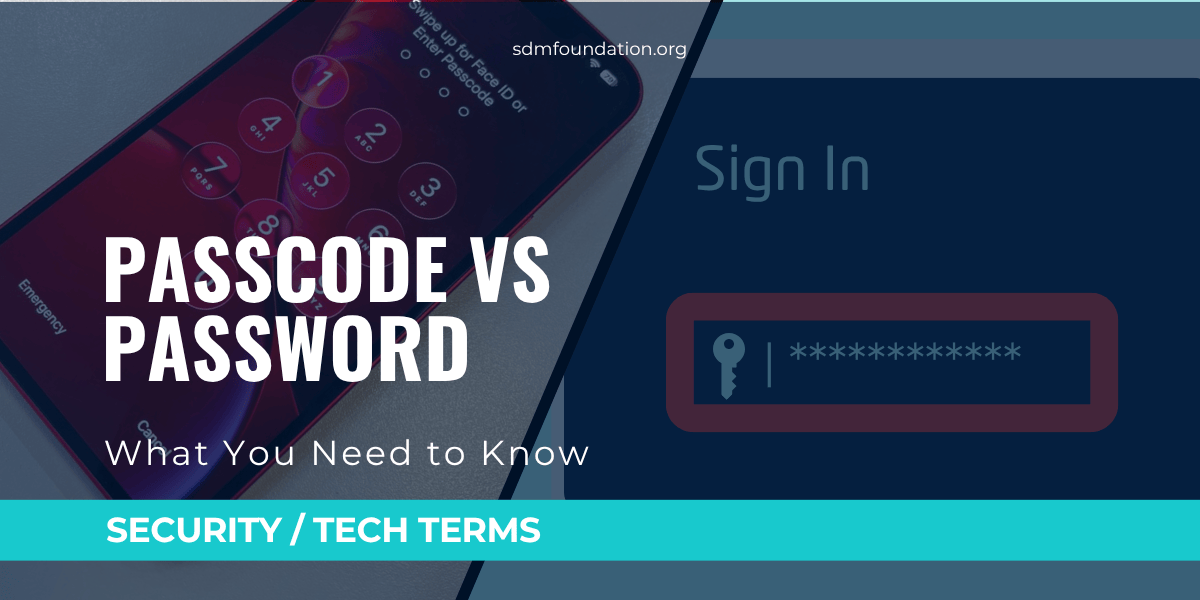 Background image split in half, the first half being an iphone waiting for a passcode to be typed in, the second half is a representation of a password field with a key image and several asterisks