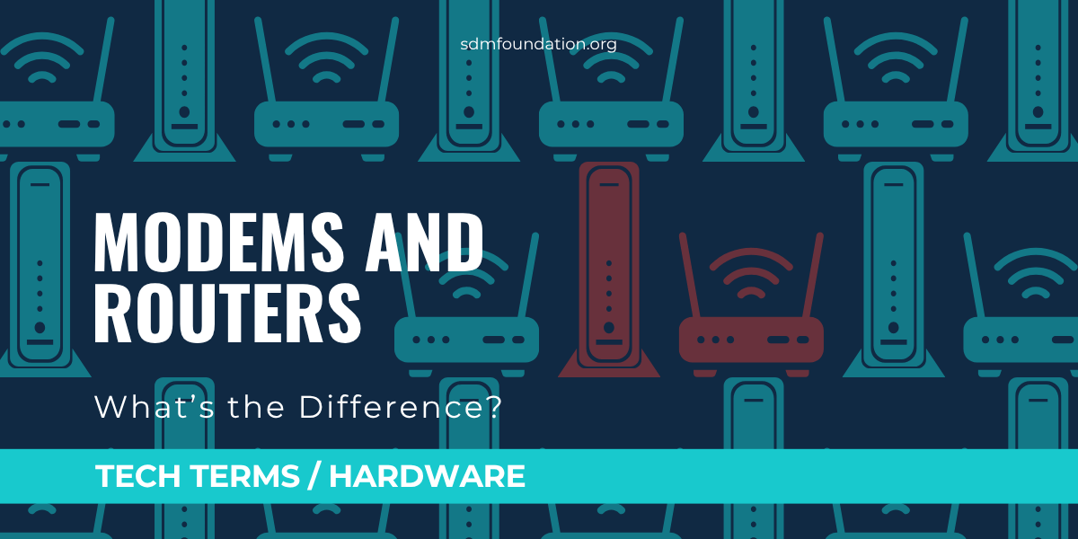 Article title shown over a repeating pattern of simple icons representing a modem and a router. One modem and router are red while the rest are teal, over a solid navy blue background.