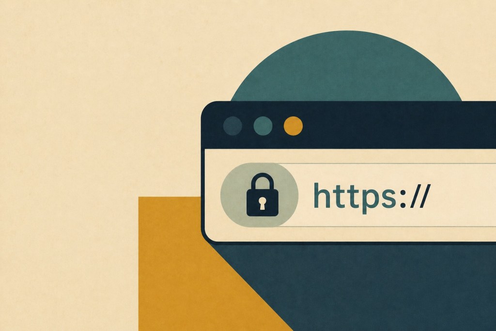 Minimalist illustration of a browser address bar with a padlock icon and “https://” visible, representing a secure website connection