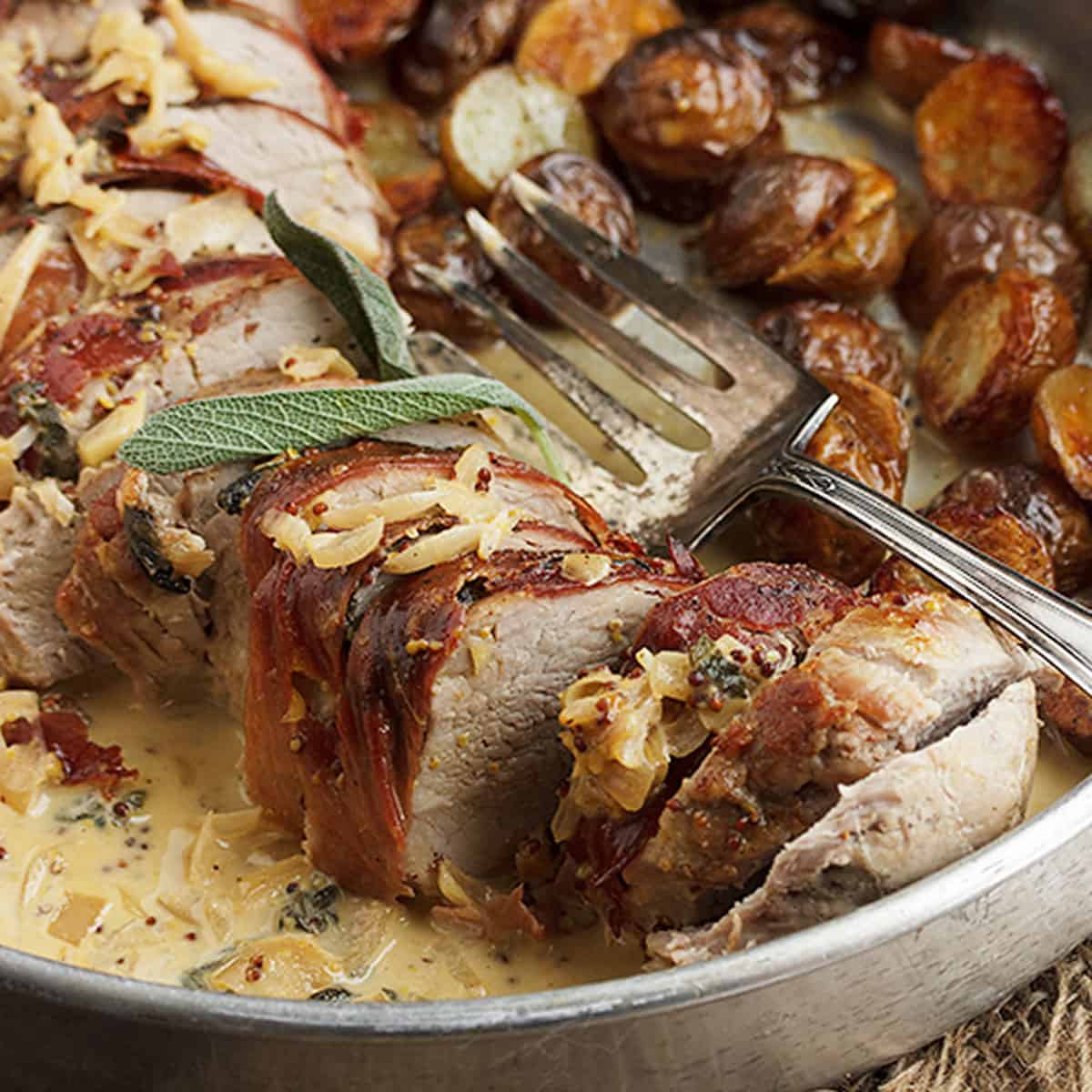 A few spears of asparagus, some slices of prosciutto, and a bit of creamy neufchatel cheese is all you need to assemble this fancy little side dish. Prosciutto Wrapped Pork Tenderloin And Potatoes Seasons And Suppers