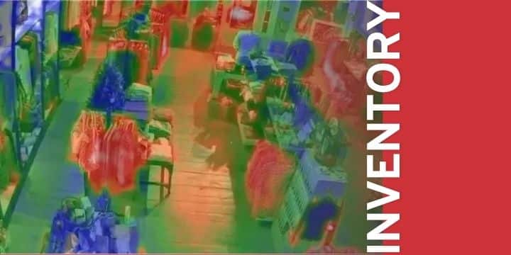 Overhead view of a busy store aisle with shoppers, styled in colorful color overlay, with the word INVENTORY vertically on the right edge.