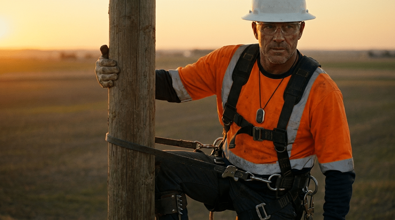 A utility worker wearing the SafeONE device on his harness while working on a power line
