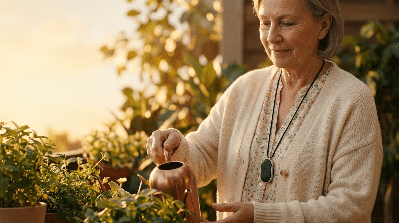 A woman wearing the SafeONE pendant while watering plants outdoors