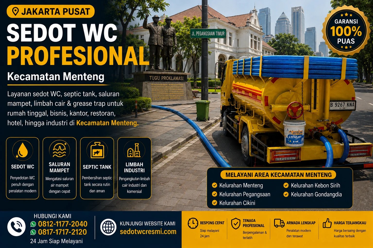 Jasa sedot WC profesional Kecamatan Menteng Jakarta Pusat dengan layanan septic tank dan limbah cair