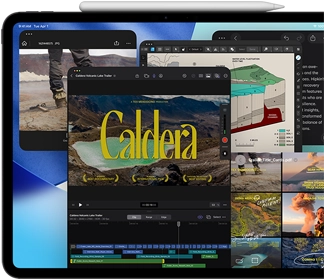 iPad Pro, front exterior, landscape orientation, space black color, Apple Pencil resting atop device, display showing multiple app windows tiled, including Final Cut Pro with multiple video editing features and timeline, Maps, Notes, and various media clips
