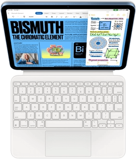 iPad attached to Magic Keyboard Folio, screen is showing Slide Over with Pages and Notes app