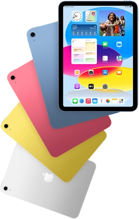Front view iPad shows home screen, behind are four back facing iPad models in blue, pink, yellow, and silver