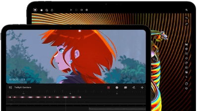 13-inch iPad Pro and 11-inch iPad Pro, front exterior, landscape orientation, space black color, rounded corners, black display bezel, 11-inch display showing a vibrant image of a character with red hair, 13-inch display showing colorful photo editing interface elements