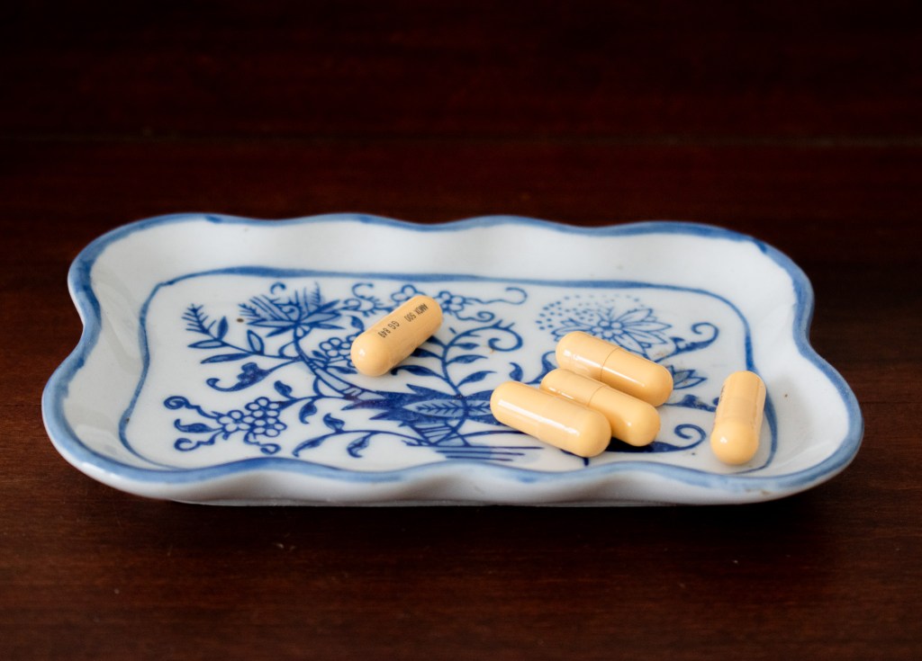 small plate of antibiotic capsules