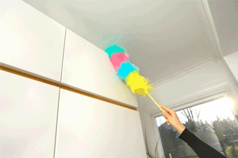 Vacuum or pain over it if really needed , no moisture of water please it will make the dust stick and stain it. How to Clean Ceiling Easily - Dusting, Stains, Ceiling