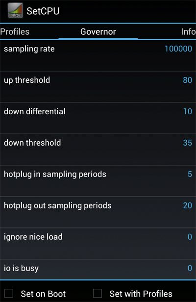 A cpu governor in android controls how the cpu raises and lowers its frequency in response to the demands the user is placing on their device. Setcpu Help