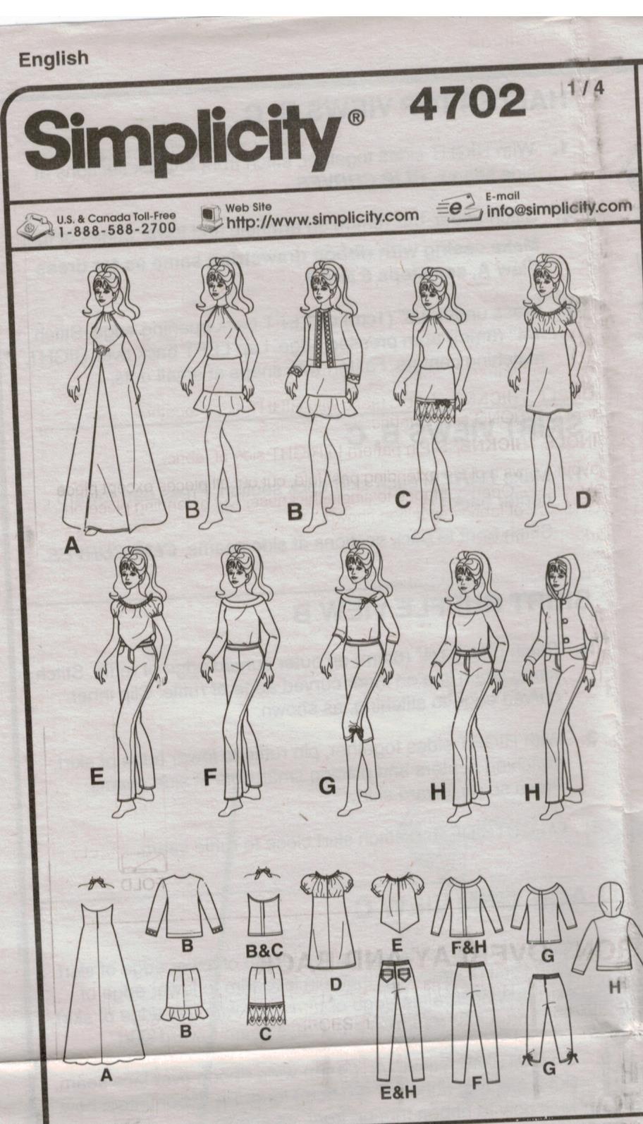 Simplicity Pattern 4702 Barbie Fashion Doll costumes and