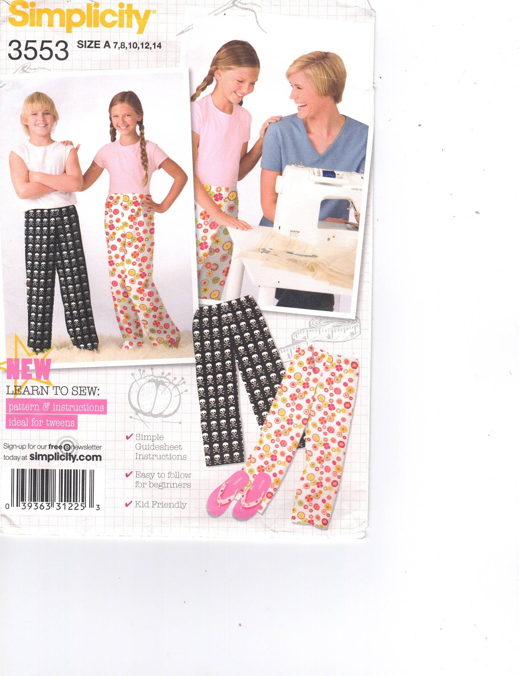 Simplicity Pattern 3553 Learn to Sew Pull on pants for girls sizes 7 through 14