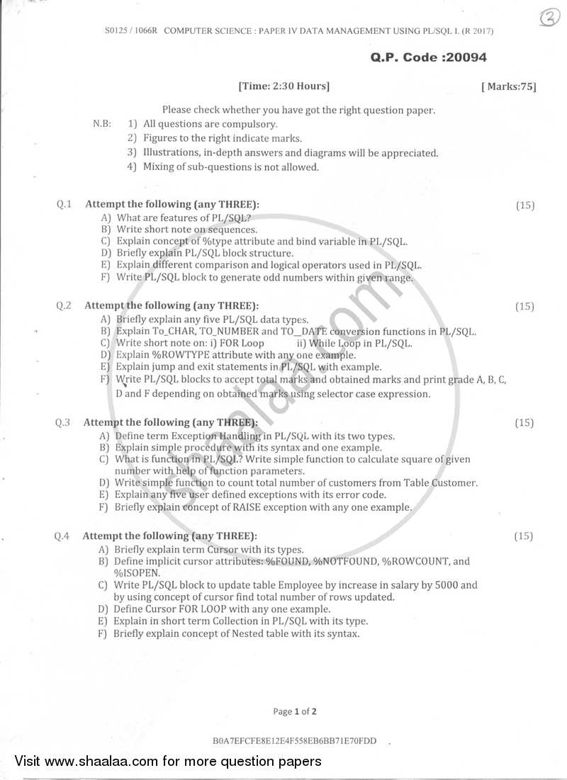 Plsql 7 3 Practice Pl Sql Oracle Database 7TOTAL 50 QUESTIONS Test.