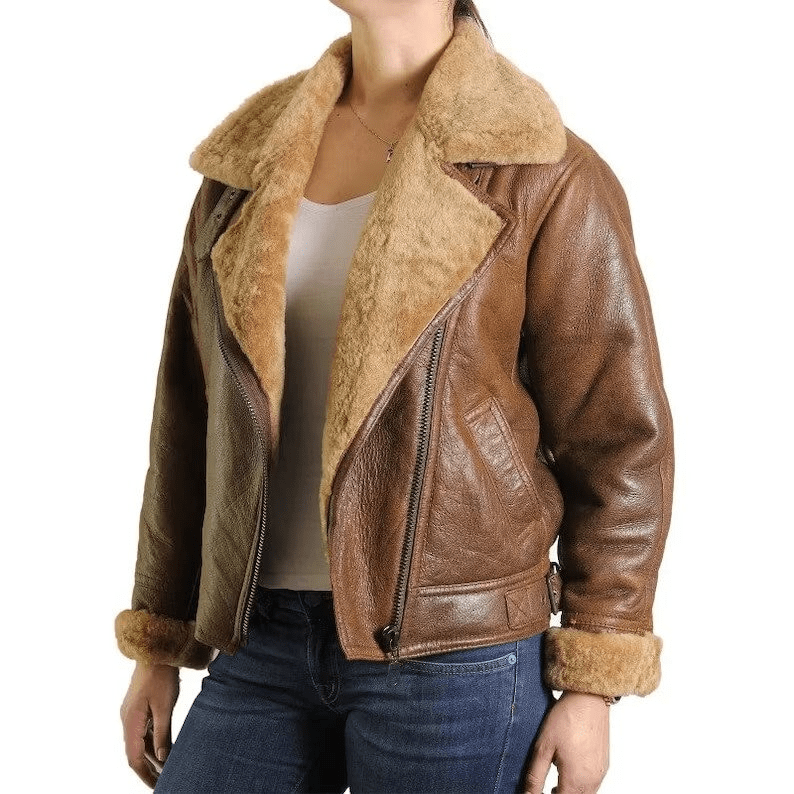 Women's Brown Real Sheepskin Leather Jacket B3 Aviator Jacket