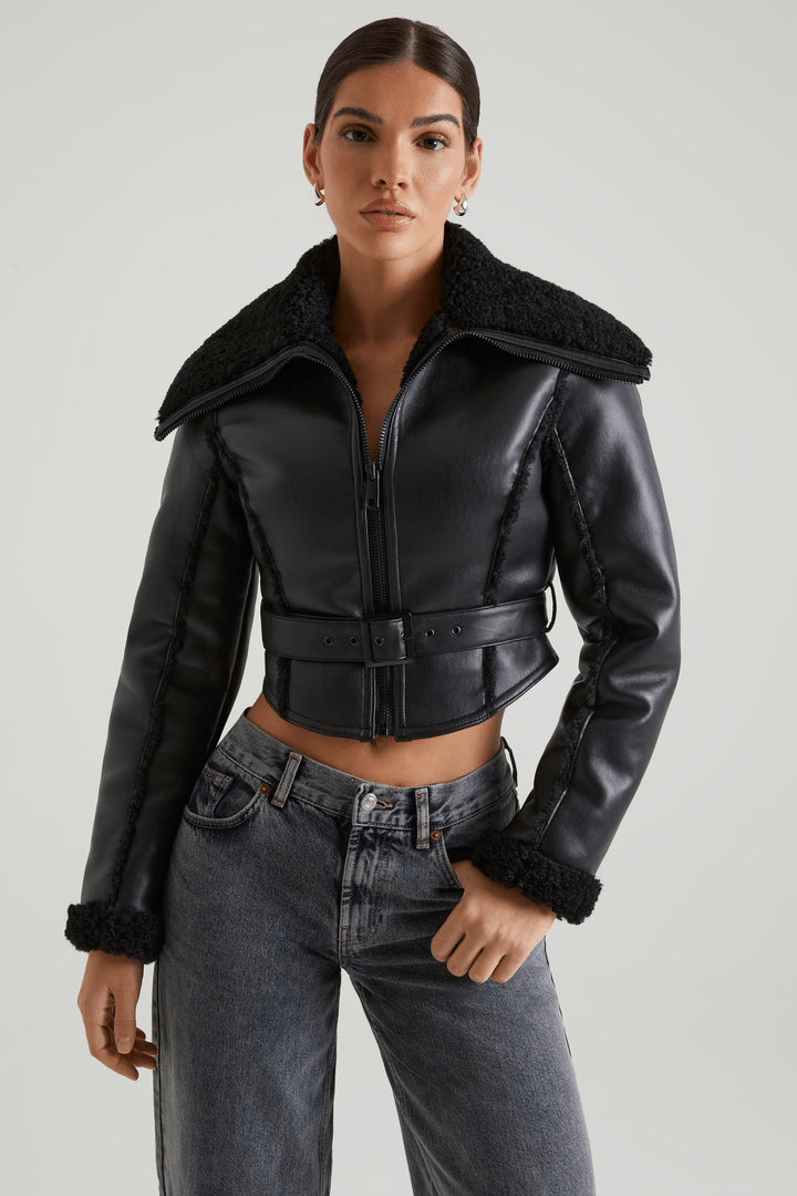 EIRA Jacket with Shearling Collar and Trim in Black