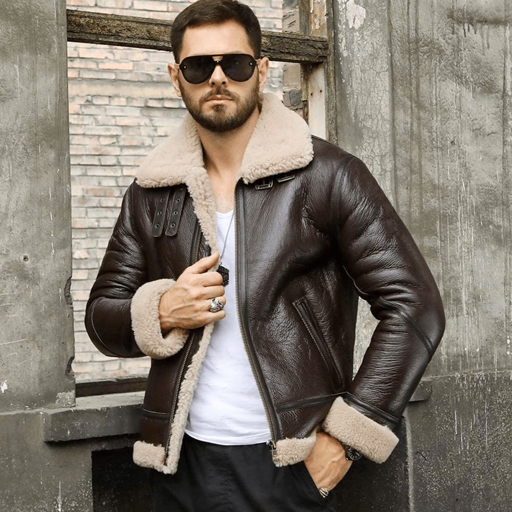 Men Authentic Brown Real Sheepskin Shearling Leather Jacket