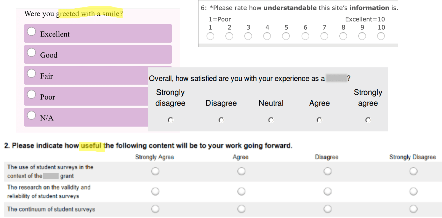 Examples of real survey questions with mismatched question stems and response options