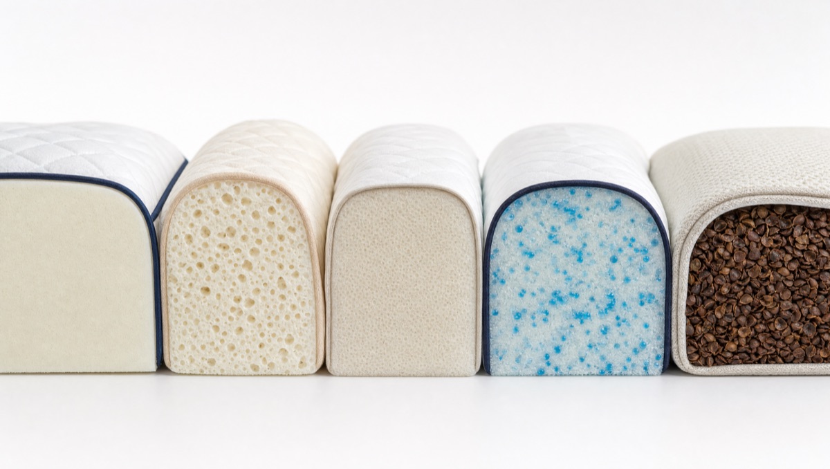 Cross-sections comparing viscoelastic memory foam, latex, and polyurethane cores