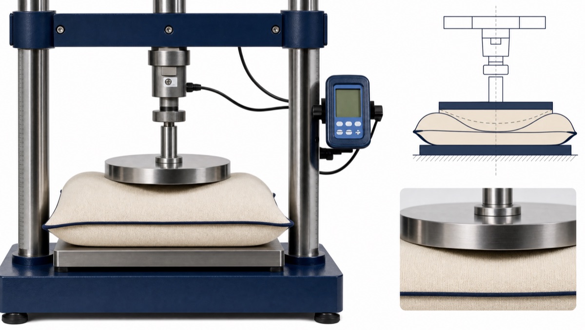 ASTM D3574 indentation load deflection compression test on a foam specimen
