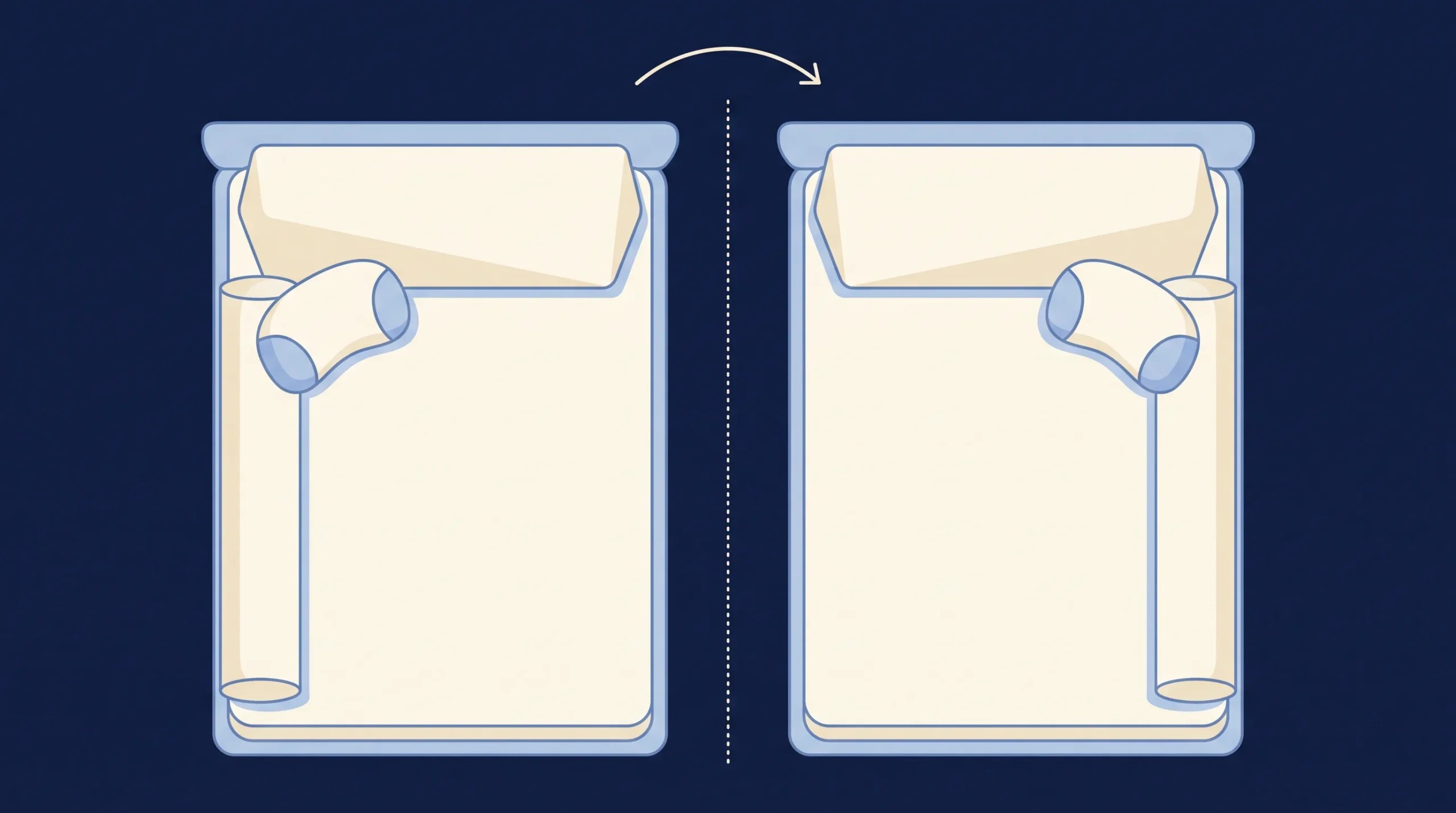 Second shoulder surgery: overhead view of the same bed twice, with the wedge across the head end and the arm-support and blocking pillows arranged on the left side in one half and the right side in the other