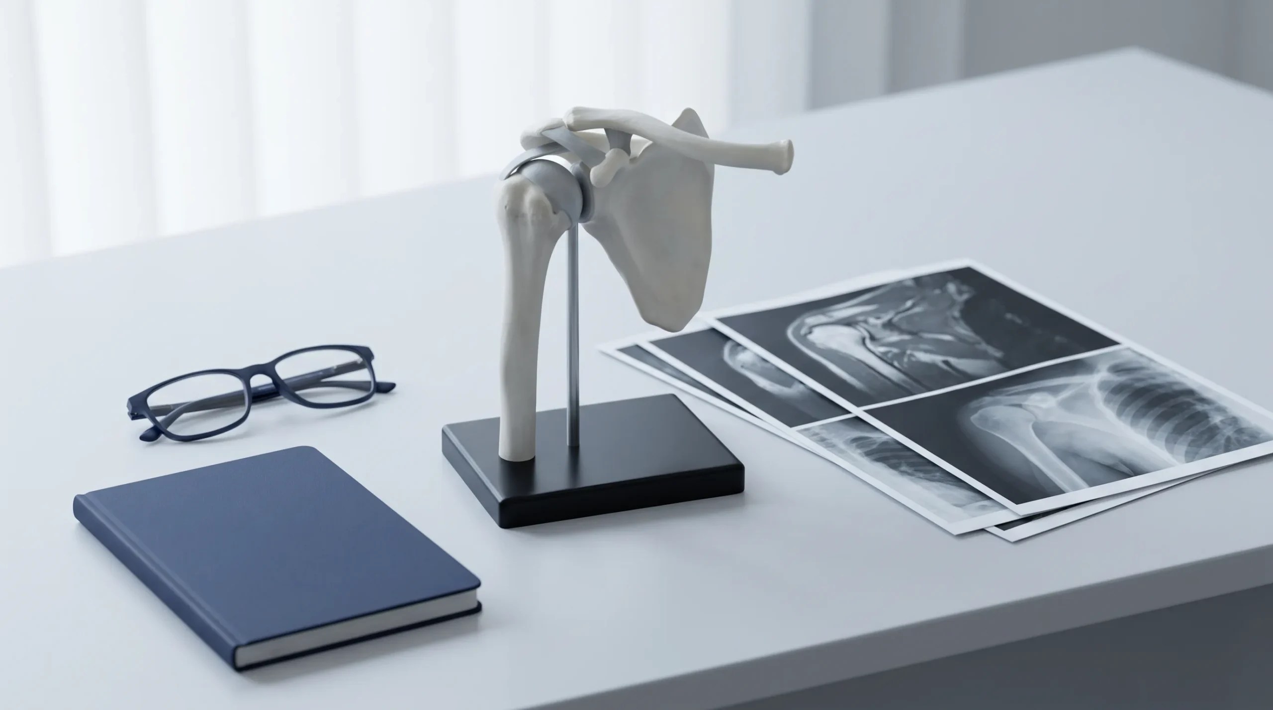 Shoulder surgery types explained with an anatomical shoulder model and imaging printouts on a clinician's desk
