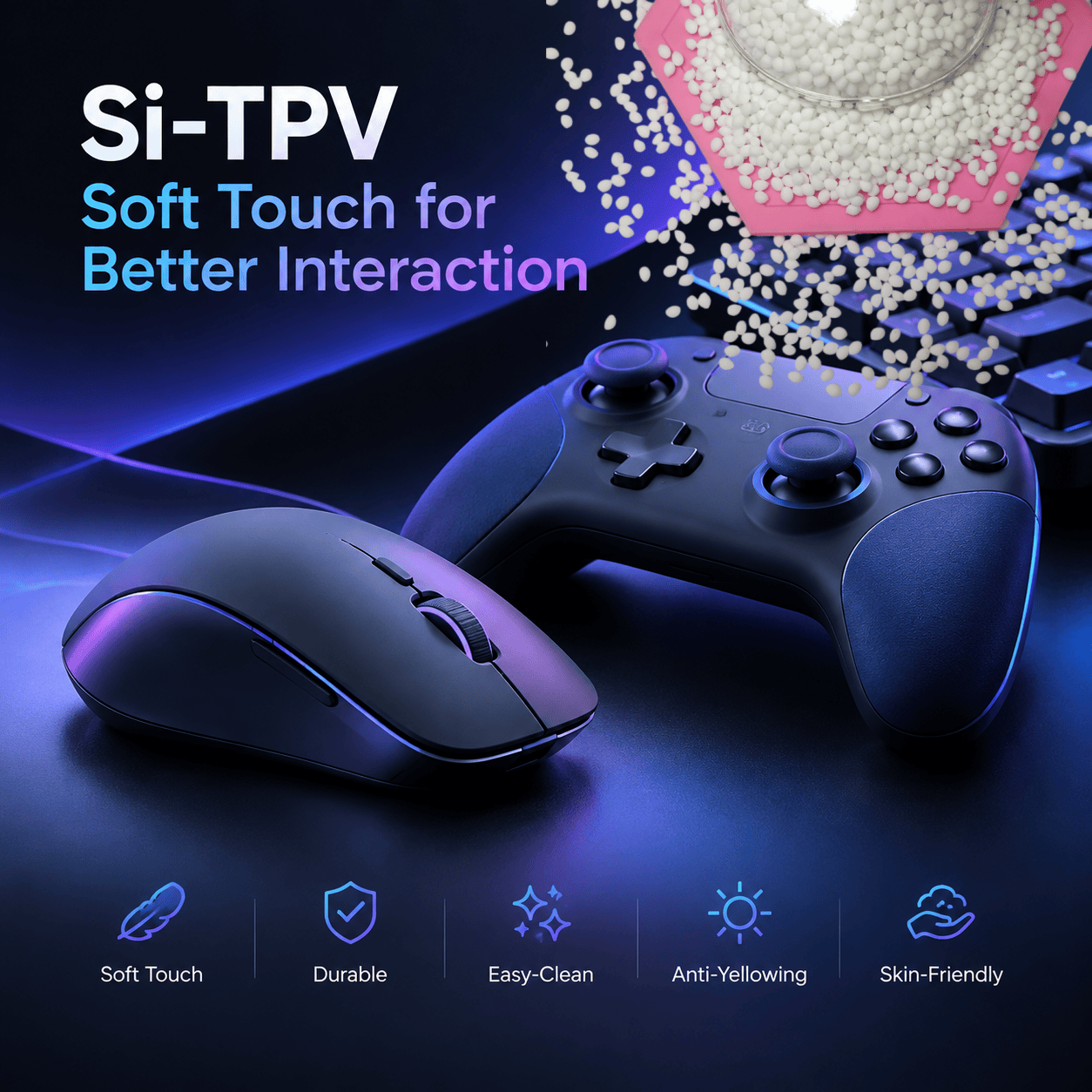 Si-TPV soft touch elastomer solutions for computer mice, gaming controllers, and keyboards, delivering premium comfort, durable surfaces, easy-clean performance, and enhanced user interaction.